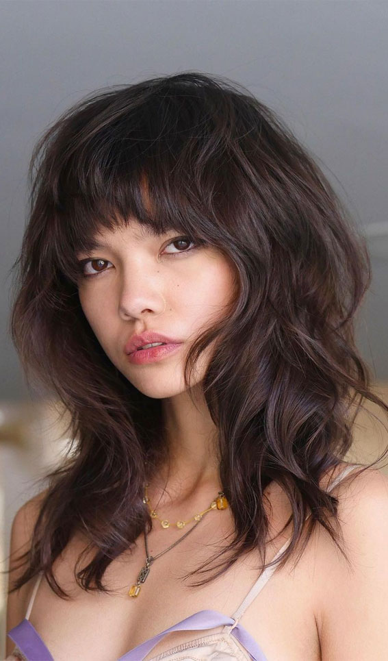 30 Medium Length Haircuts 2022 For All Face Shapes : Shaggy Style + Bangs