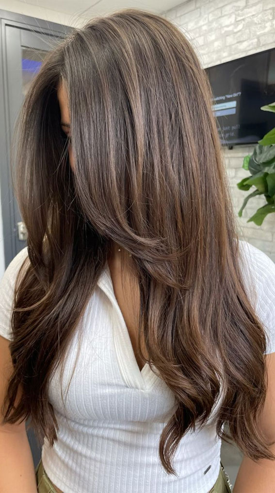 40 Trendiest Hair Colors for 2022 : Brown Balayage with Long Curtain Bangs