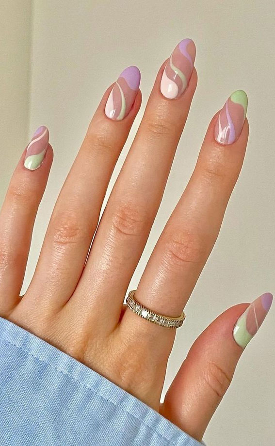 37 Cute Spring Nail Art Designs Pastel Swirl Oval Nails