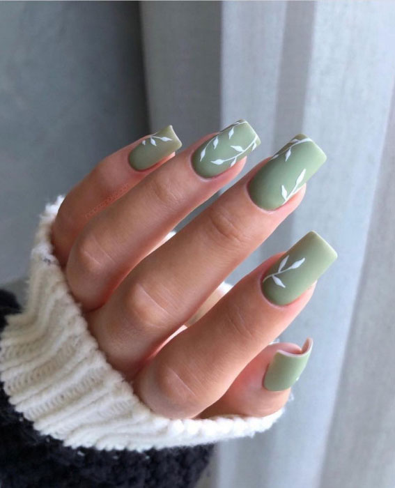 37 Cute Spring Nail Art Designs : White Leaf Green Nail Design