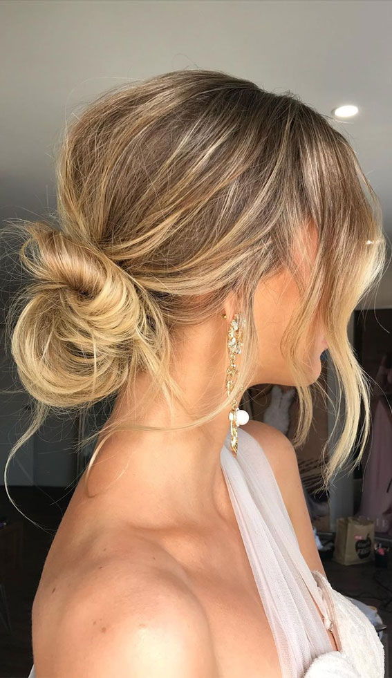 50 Best Updo Hairstyles For Trendy Looks in 2022 : Relaxed Messy updo with Bangs