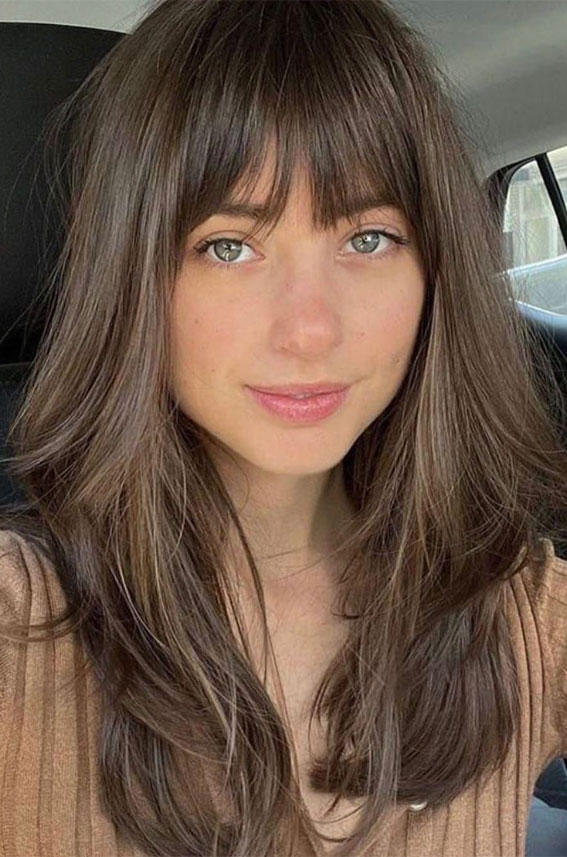 57 Trendy Ways To Wear Curtain Bangs : Brunette Layered Cut with Bangs