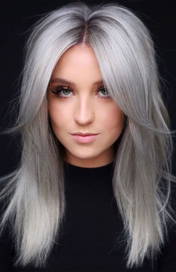 50 Cute Hairstyles with Curtain Bangs : Silver Blonde Hair Color with Curtain Bangs