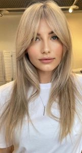 50 Cute Hairstyles with Curtain Bangs : Beige Blonde Straight Hair with ...