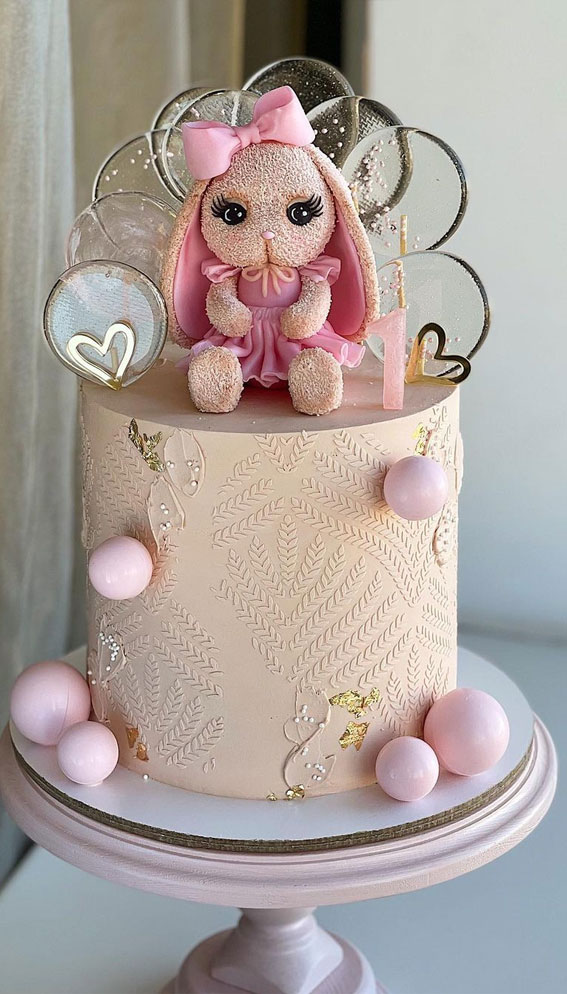 25 Baby Girl First Birthday Cake Ideas : Pink Cake Topped with Teddy & Clear Lollipops