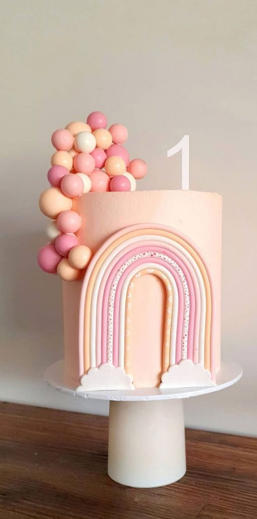 25 Baby Girl First Birthday Cake Ideas : Pastel Balloons & Rainbow Cake