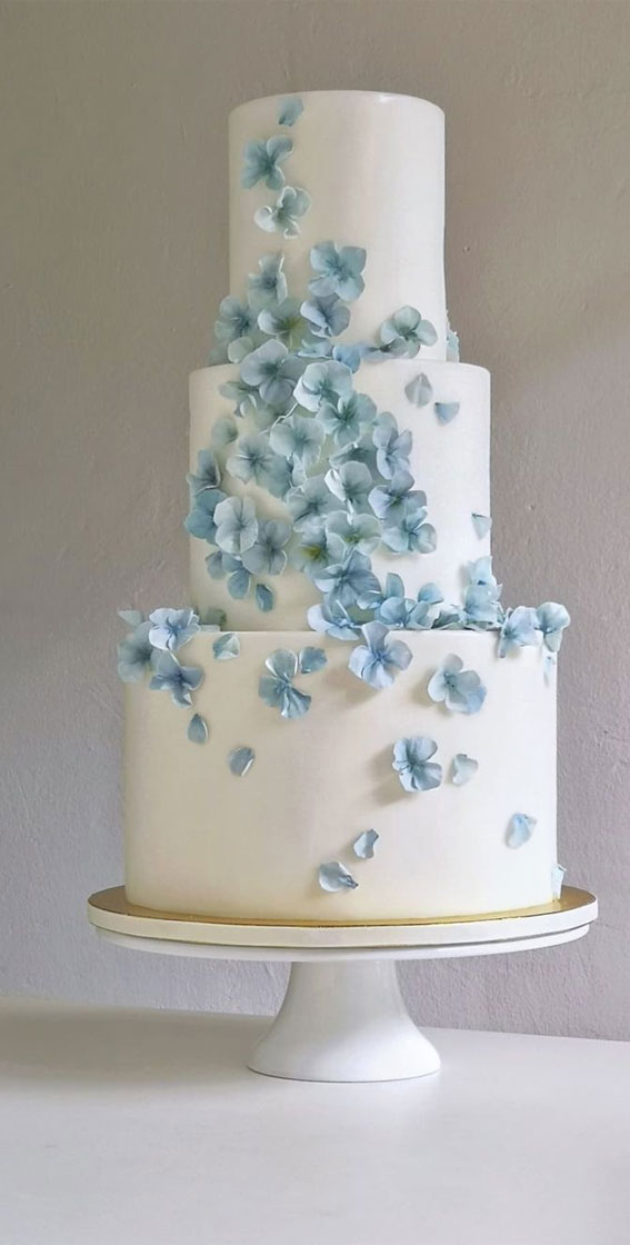 40 Cute Minimalist Cake Designs for Any Celebration : Three-Tiered White Cake with Blue Flowers