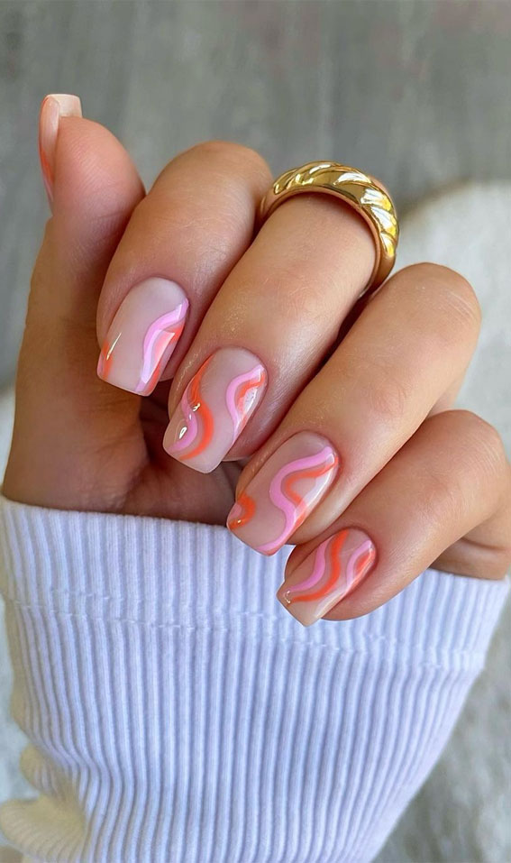 The 40 Cutest Nail Art Designs For All Age Pink And Orange Wavy Short Nail Art