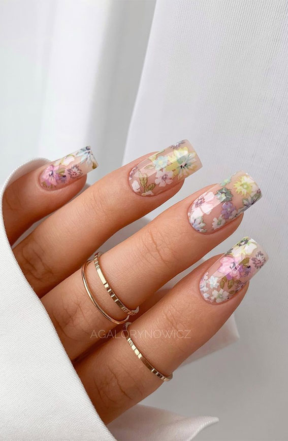 30 Best Spring Nail Ideas For 2022 : Flower Sheer Square Nails