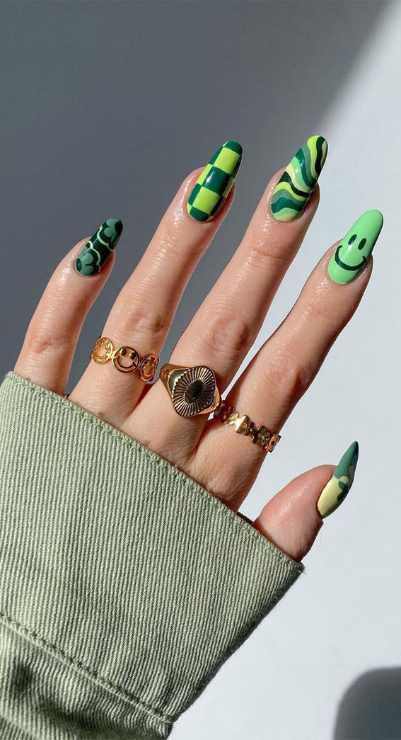 42 Cute Summer Nails For 2022 For Every Style : Groovy Green Mix n Match Nails