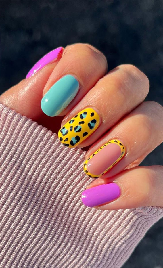 42 Cute Summer Nails For 2022 For Every Style : Yellow Leopard & Bright Summer Nails