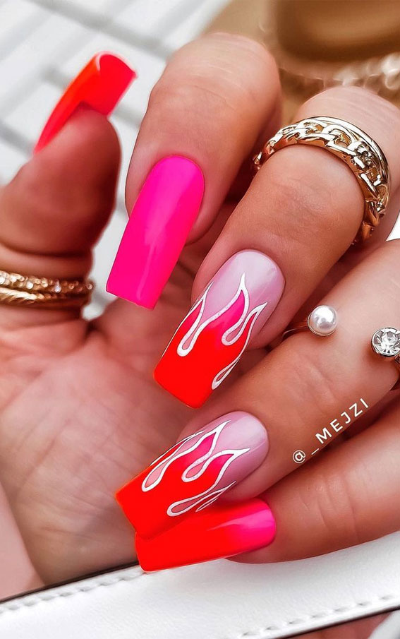 42 Cute Summer Nails For 2022 For Every Style : Pink and Red Hot Flame Summer Nails