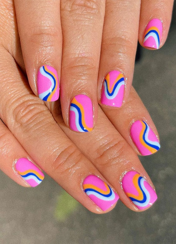42 Cute Summer Nails For 2022 For Every Style : Blue Swirl Pink Short Nail Art
