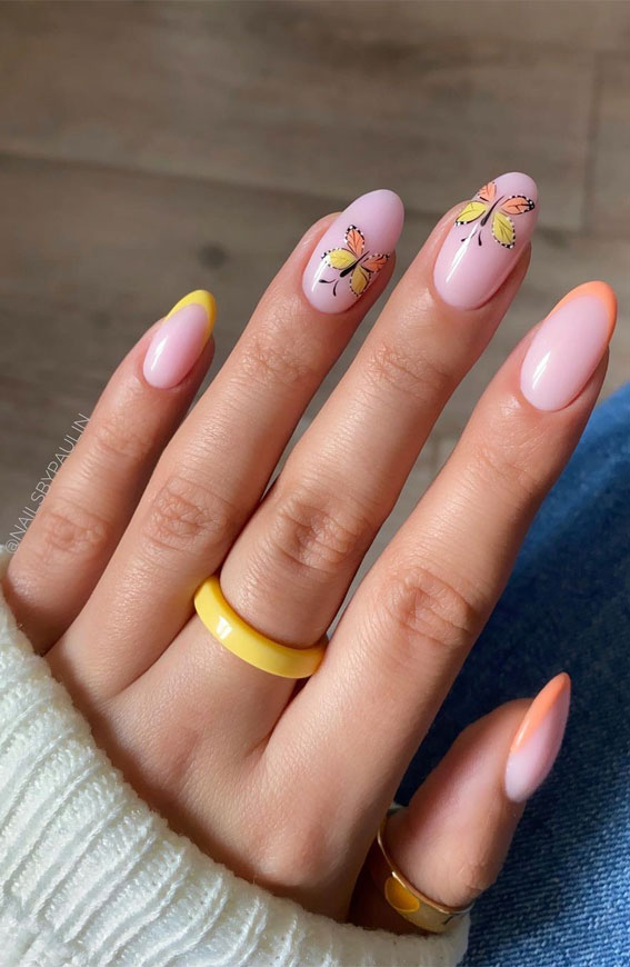 42 Cute Summer Nails For 2022 For Every Style : Butterfly + Orange and Yellow French Nails