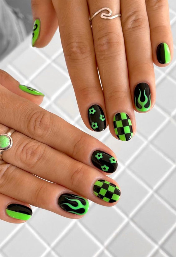 42 Cute Summer Nails For 2022 For Every Style : Black and Green Funky Nails