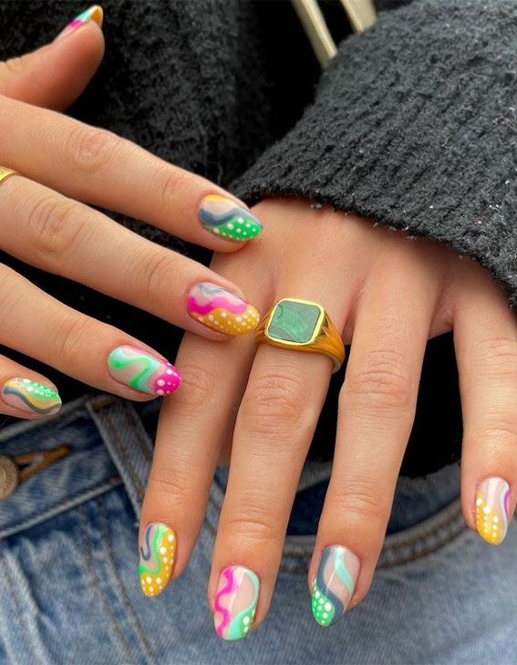 42 Cute Summer Nails For 2022 For Every Style : Colourful Swirl and Polka Dot Nails