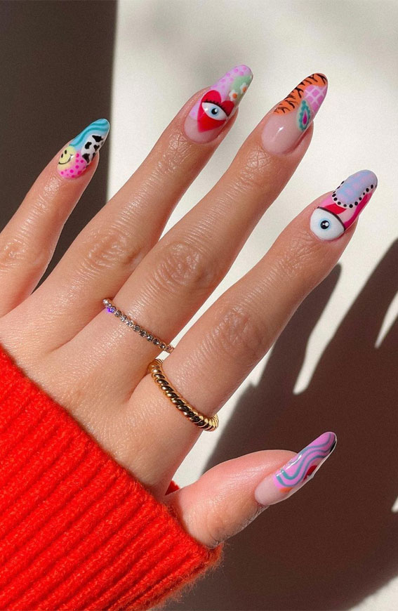 mix and match nails, funky mix and match nails, summer nails, funky summer nails, evil eye nail designs, summer nail ideas 2022