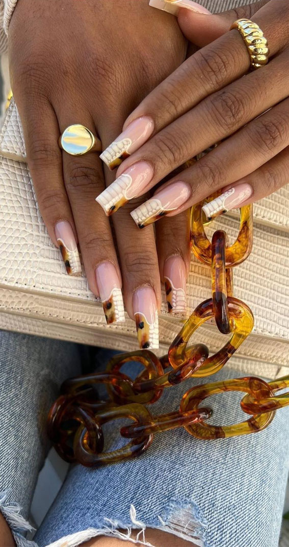 30 Trendy Tortoiseshell Nails : Half Snakeskin & Half Tortoiseshell French Tips