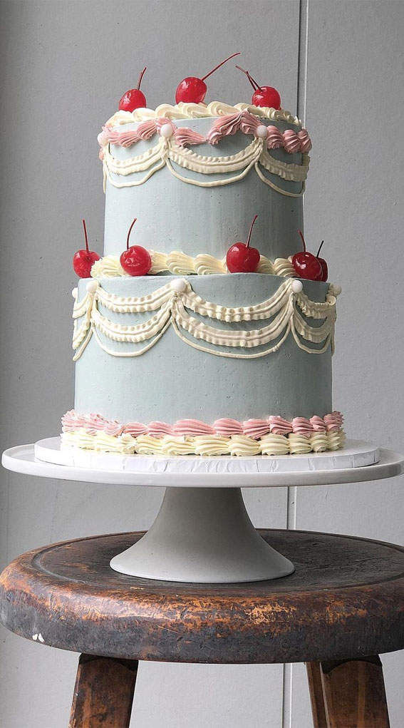 50 Best Birthday Cake Ideas in 2022 : Two-Tiered Blue Cake Vintage Vibe