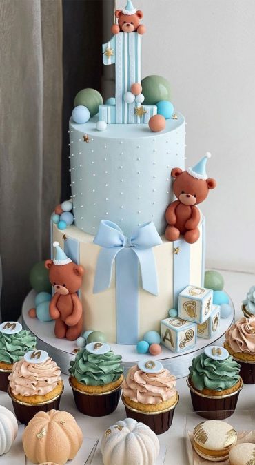 50 Best Birthday Cake Ideas in 2022 : Two-Tiered Blue Cake with Pearls