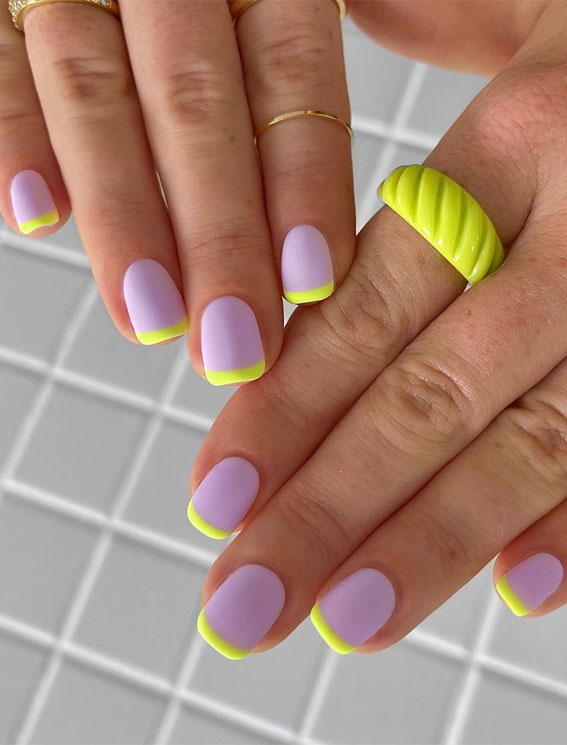 40 Cute & Coloured French Tip Nails : Neon Yellow on Lavender Matte Nails