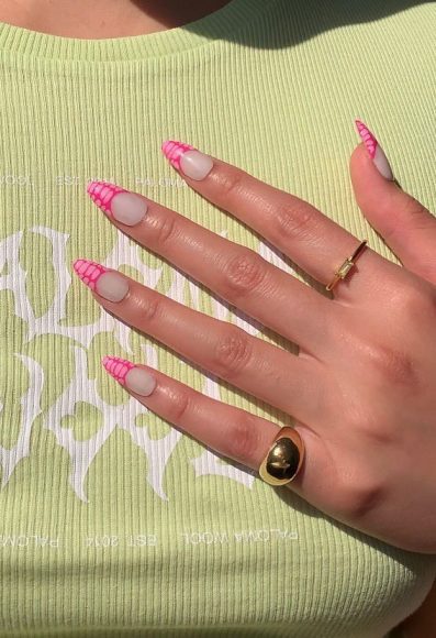 Cute Coloured French Tip Nails Pink Snakeskin French Almond Nails