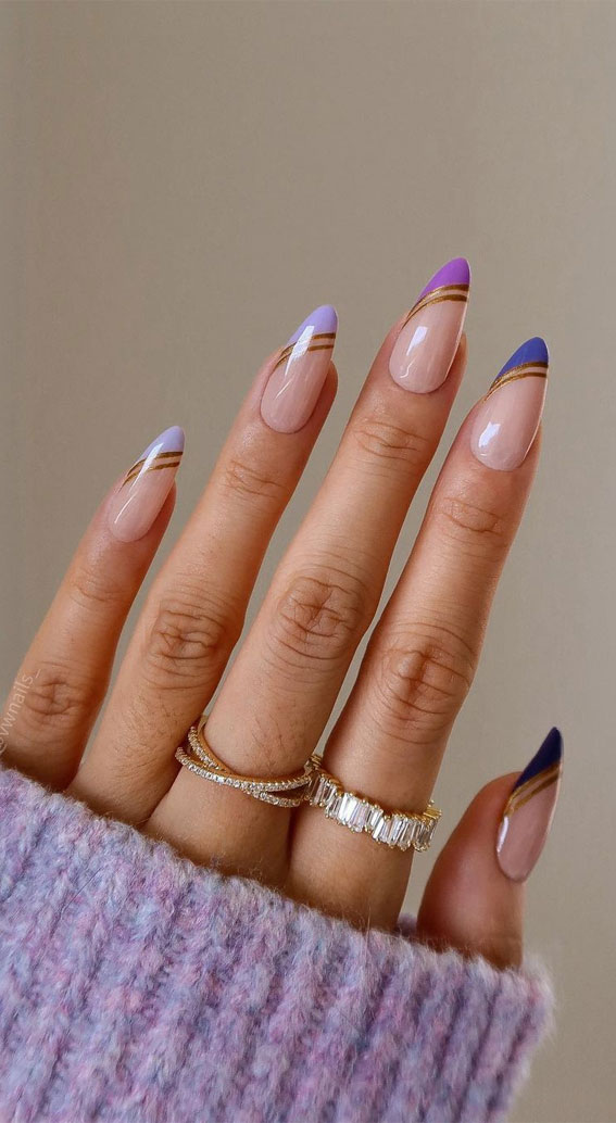 40 Cute & Coloured French Tip Nails : Gold + Subtle Shades of Purple