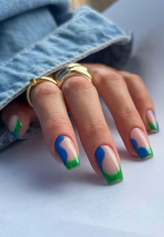 green french tips, colorful french tip nails, coloured french tips short nails, coloured french tip nails, modern french manicure, french manicure 2022, colored tips acrylic nails, french manicure ideas, colored tips nails, blue french tip nails, colored french tips almond