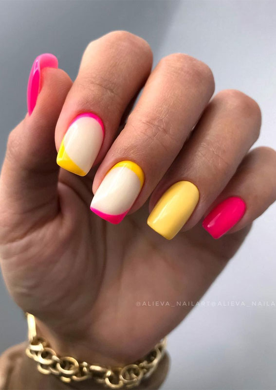 buttercup and pink french tips, colorful french tip nails, coloured french tips short nails, coloured french tip nails, modern french manicure, french manicure 2022, colored tips acrylic nails, french manicure ideas, colored tips nails, blue french tip nails, colored french tips almond