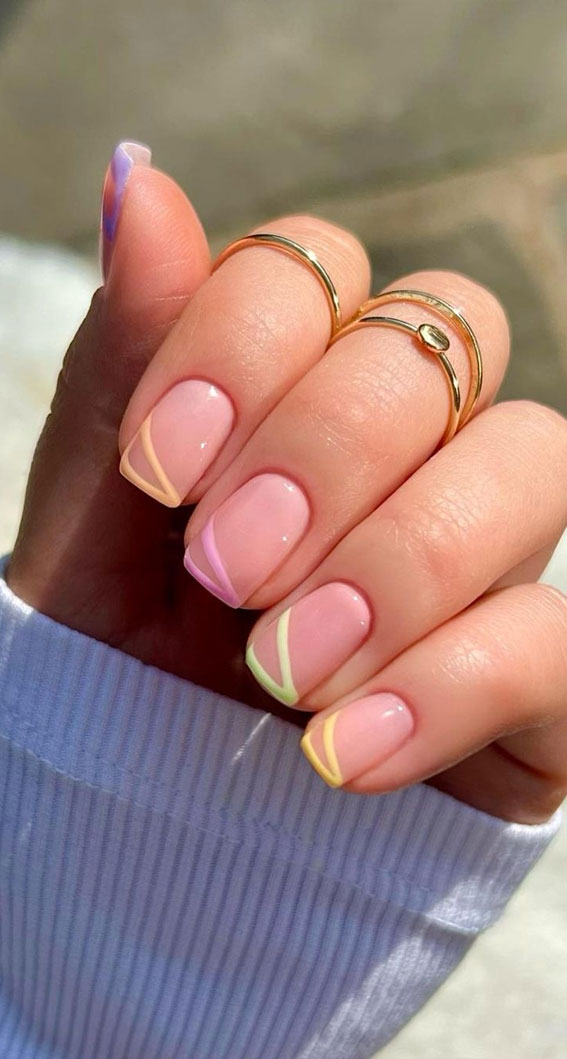 multi-colored french tips, colorful french tip nails, coloured french tips short nails, coloured french tip nails, modern french manicure, french manicure 2022, colored tips acrylic nails, french manicure ideas, colored tips nails, blue french tip nails, colored french tips short nails