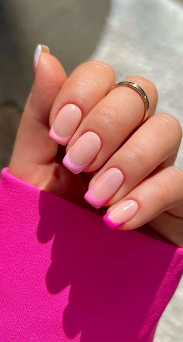 Cute Coloured French Tip Nails Pink Round Square French Tip Nails