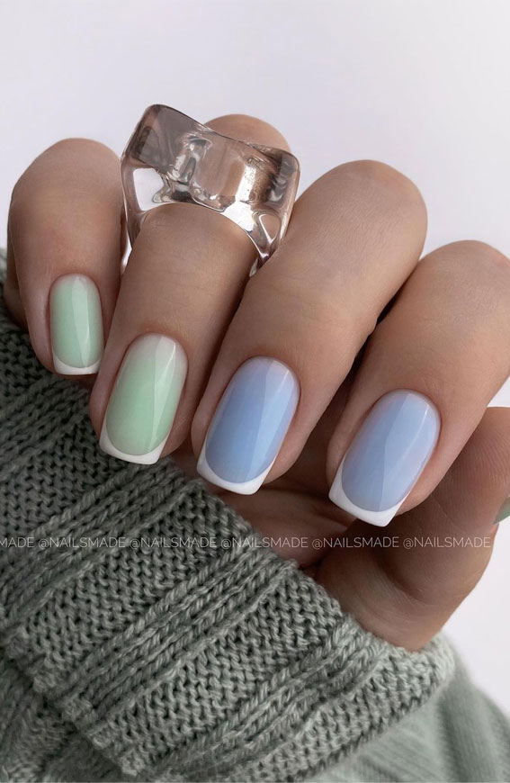 white french nails, colored french tip nails, short french tip nails, modern french tip nails, french tip nails 2022, french tip nail ideas, modern french manicure, spring french tip nails, white french tip nails