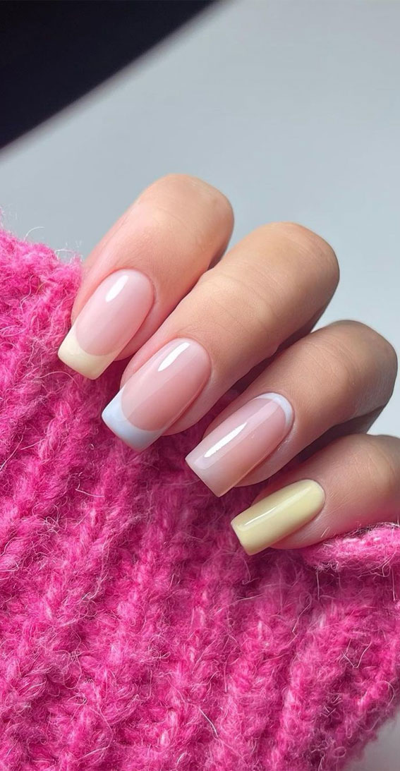 29 Pretty, Simple & Modern French Tip Nails : Soft Blue & Yellow French Tip Nails