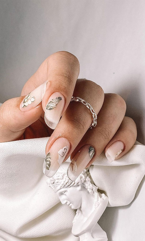 29 Pretty, Simple & Modern French Tip Nails : Clear French Tip Nails with Green Leaves