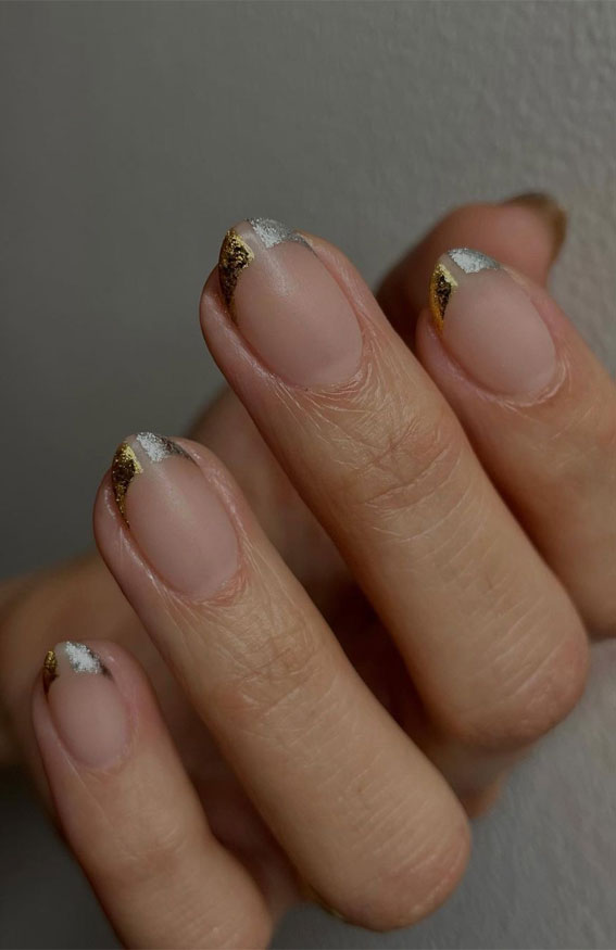 half gold half silver french tip nails, french tip nails