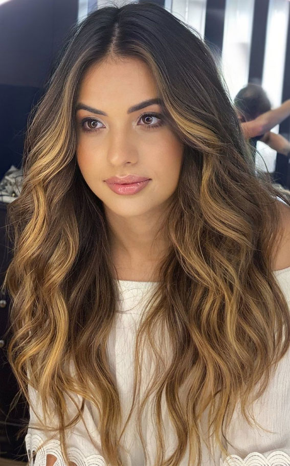 50 Cute New Hair Color Trends 2022 : Balayage + Light Caramel Blonde Face Lights