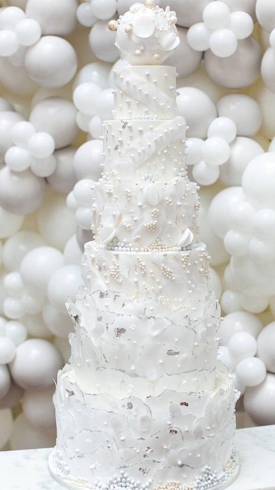 textured wafer paper and pearl grand wedding cake in white and silver, pearl wedding cake, pearl cake, white wedding cake , pearl encrusted floral cake