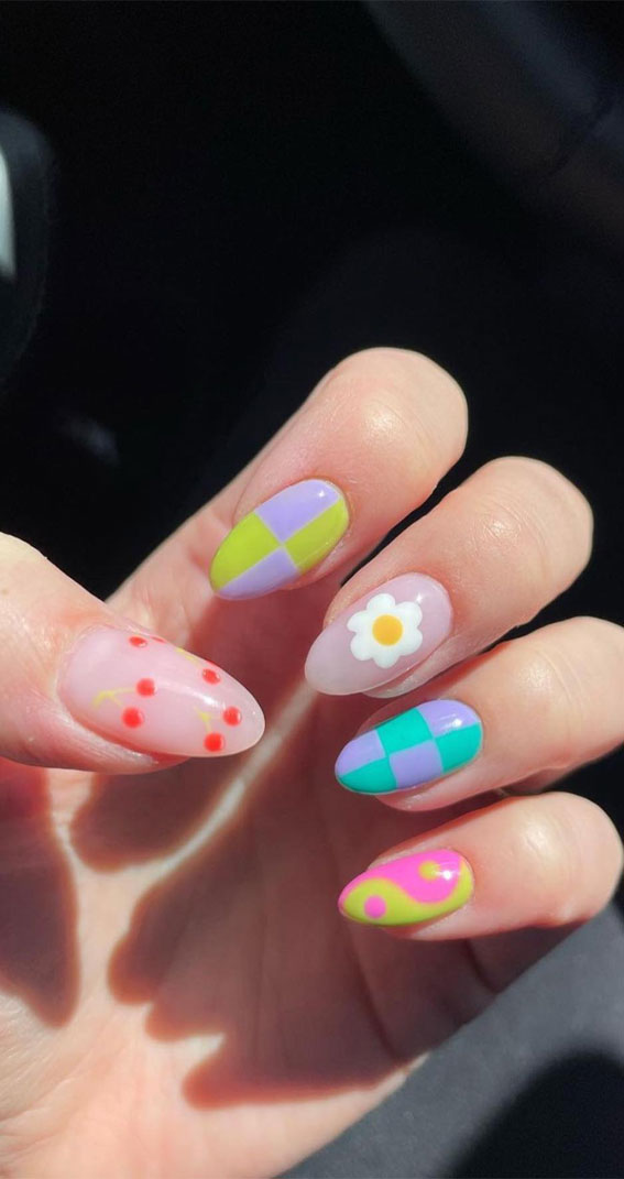 spring nail designs 2022, mix and match nail designs,  swirl nails, spring nail ideas, spring nail colors, 2022 spring nail colors, rainbow spring nails, bright color spring nails, spring nail art, spring nail art 2022, nail art designs 2022