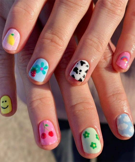 35 Fresh & Colourful Spring Nail Designs : Cow Print, Flower & Smiley Face Nails