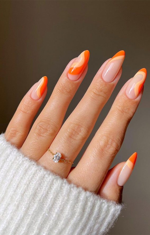 35 Fresh & Colourful Spring Nail Designs : Orange Swirl Almond Nails