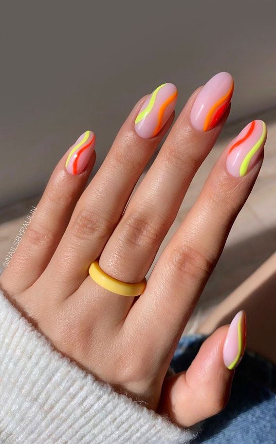 35 Fresh & Colourful Spring Nail Designs : Orange and Yellow Swirl Nails