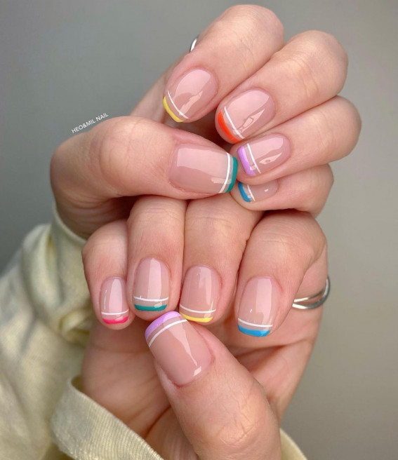 50 Eye-Catching Nail Art Designs : Different Color Line French Tip Nails