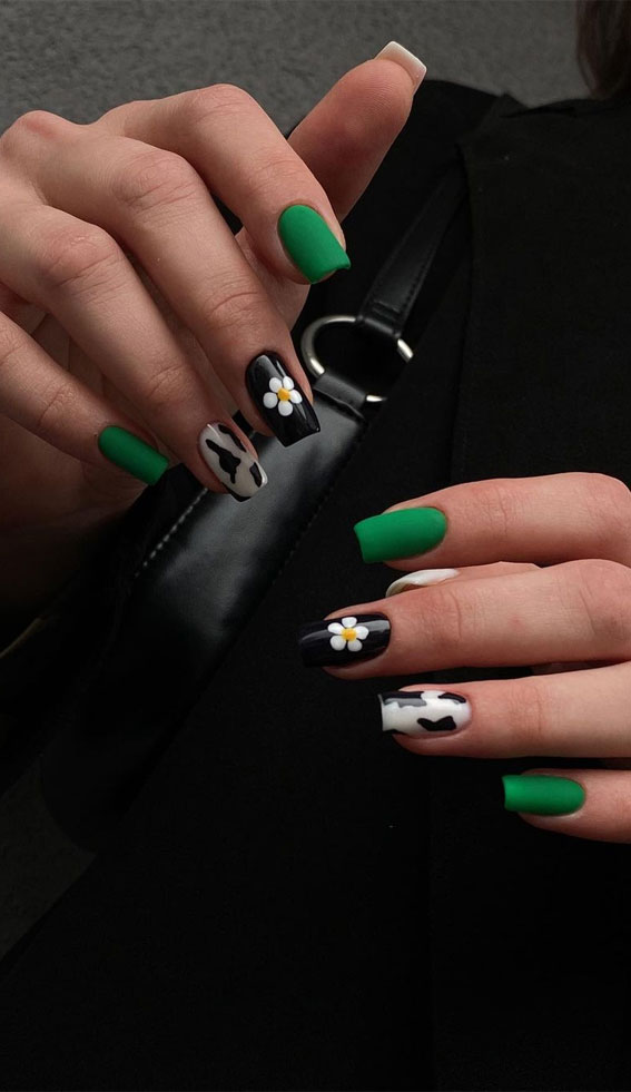 30 Trendy Ways to Wear An Animal Print Nail Art : Mix & Match Green, Cow Print + Flower Nails