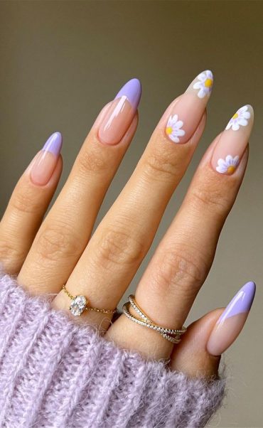 40 Trendy Flower Nail Designs That You Should Try Lavender French Daisy Matte Almond Nails