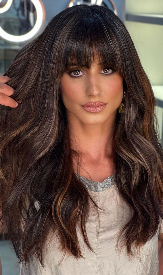 40 Trendy Haircuts For Women To Try in 2022 : Dark Hair with Toffee Highlights