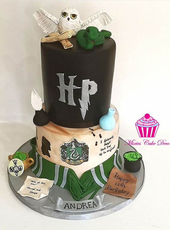 33 Best Harry Potter Cakes in 2022 : Two-Tier Slytherin Themed Cake