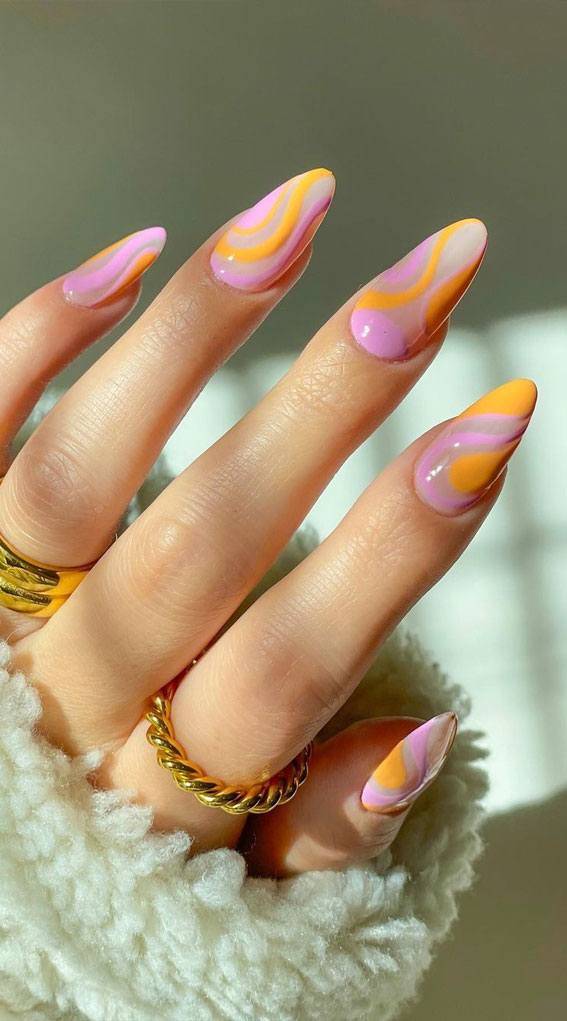 40 Awesome Nail Ideas You Should Try : Peach & Pink Swirl Almond Nails