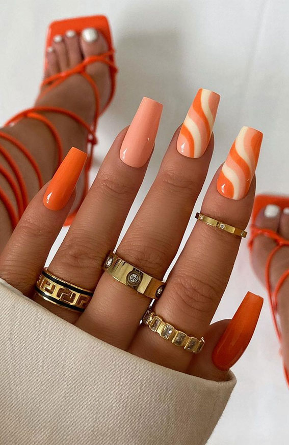 40 Awesome Nail Ideas You Should Try : Peach & Orange Swirl Coffin Nails