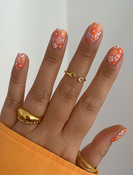 35 Cute Orange Nail Ideas To Rock in Summer : Orange & White Flower Short Nails