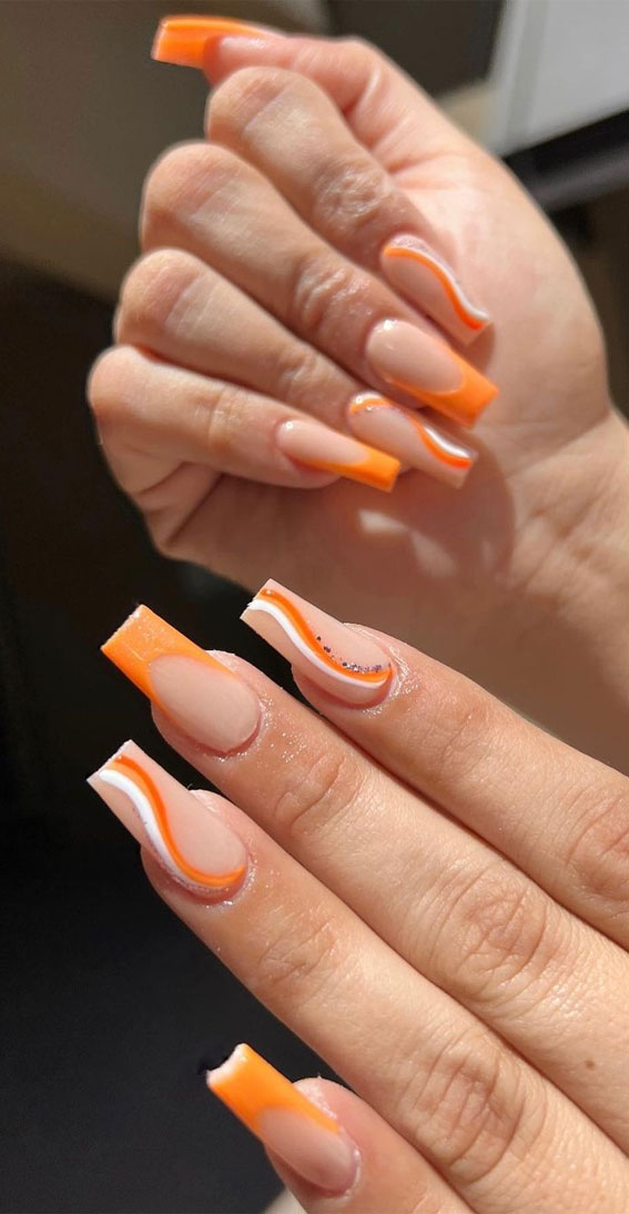 35 Cute Orange Nail Ideas To Rock in Summer : Orange & White Swirls +  French Tips